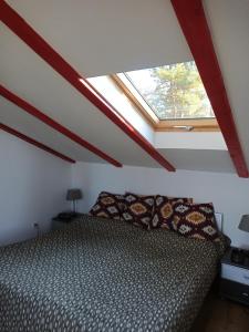 a bedroom with a bed and a skylight at ZegZug apartman in Pankasz