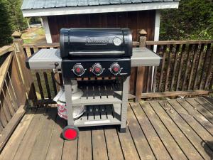 a grill sitting on top of a wooden deck at Le Chaleureux, Picanoc River in Kazabazua