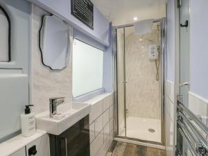 a bathroom with a shower and a sink and a mirror at The Carriage Ely Penzance in Ely