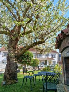 a table and chairs in front of a tree at Vila Pombal in Cangas de Morrazo