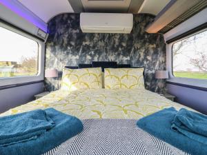 a bedroom with a bed and two windows at The Carriage Ely Paddington in Ely