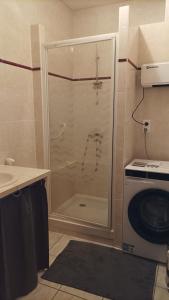 a shower in a bathroom with a washing machine at FLORAC AUTHENTIQUE in Florac +46 photos