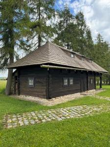 a log cabin with a roof on a grass field at Chalet Němčice in Němčice
