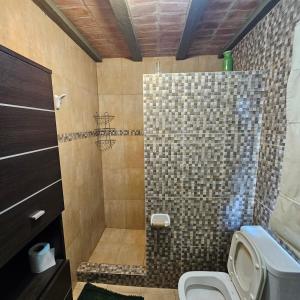 a bathroom with a shower and a toilet in it at Cabaña Mica in Nono +19 photos