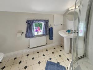 a bathroom with a sink and a toilet and a window at Forge Cottage Wootton Courtenay in Minehead +20 photos