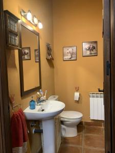 a bathroom with a sink and a toilet and a mirror at El Acebo de Tanarro in Sepúlveda +26 photos