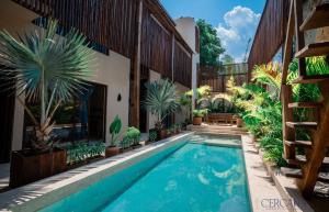 a swimming pool in the backyard of a house with plants at Casa Mandarina 4BDR by Cercana in Mérida