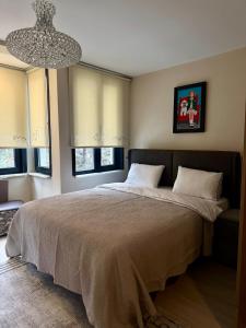 a bedroom with a large bed and a chandelier at MEYS Apartment 2 in Istanbul