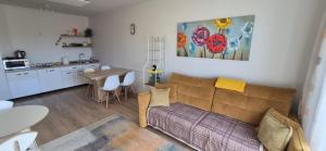 a living room with a couch and a kitchen at Vidmantės apartamentai in Palanga