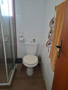 a small bathroom with a toilet and a shower at Aconchego em Maricá in Maricá +12 photos