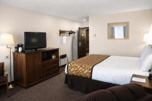 a hotel room with a bed and a flat screen tv at Lone Tree Inn in Sidney