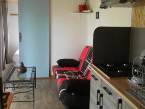 a living room with a couch and a stove at chalet nature 2 in Aspiran +3 photos