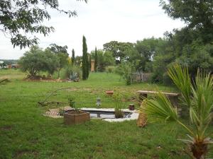 a garden with potted plants in the grass at chalet nature 2 in Aspiran