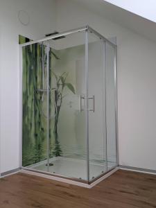 an empty glass elevator in a room with a painting at LechApartments in Kaufering
