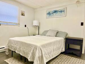 a white bedroom with a bed and a window at Comfortable Room BU, UHS, Lourdes, Queen Bed in Endicott