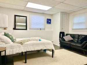 a living room with a bed and a couch at Comfortable Room BU, UHS, Lourdes, Queen Bed in Endicott +4 photos