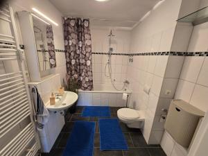 a bathroom with a toilet and a sink and a tub at TechisFerienWohnung in Magdeburg