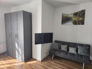 a living room with a black couch and a tv at TechisFerienWohnung in Magdeburg