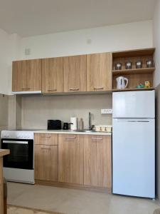 a kitchen with wooden cabinets and a white refrigerator at Apartman Kitanović 1 Vrnjačka Banja in Ruđinci