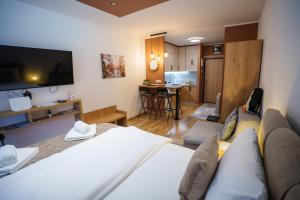 a room with a bed and a living room with a kitchen at Studio DORA SS in Stari Banovci