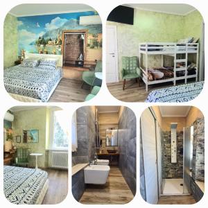 a collage of four pictures of a bedroom at B&B Le Palme in Appiano Gentile +43 photos