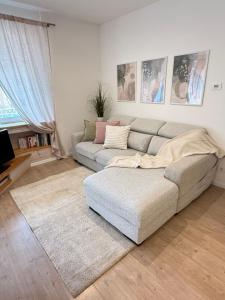 a living room with a couch and a tv at Al Nio in Baselga di Pinè