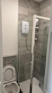 a small bathroom with a toilet and a shower at Studio Luxe on Chudleigh D in London