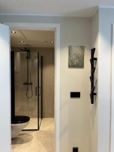 a bathroom with a shower and a toilet at Affordable Luxury Apt - Hotel Vibe - Heart of Voss in Vossevangen +25 photos