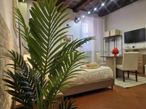 a bedroom with a bed and a large green plant at La Trave e Il Pumo Mantua in Mantova