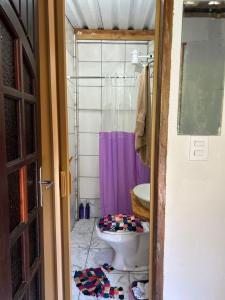 a bathroom with a toilet and a purple shower at Chácara Desejo do Coração 1 in Juquitiba +23 photos