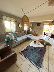 a large living room with a couch and a teddy bear at Villa Annaga in Saint-Paul