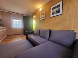 a living room with a purple couch in a room at Domek Dębowy in Brzozie