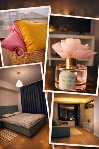 a collage of pictures of a room with a bed and flowers at Warm Apartment 1 in Bucharest