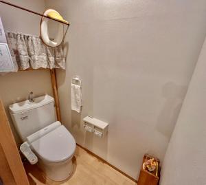 a small bathroom with a toilet and a mirror at Kominka engawa in Kakamigahara +45 photos