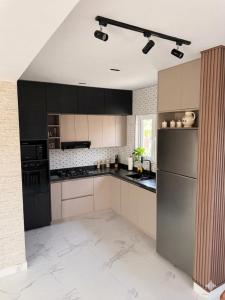 a kitchen with stainless steel appliances and black cabinets at Petit Paradise in Noord