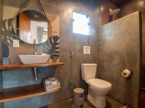 a bathroom with a toilet and a sink and a mirror at Chalé Lar do Capão in Vale do Capao +23 photos
