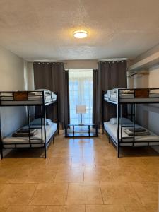 a room with three bunk beds and a window at Bek's Hostel in Hallandale Beach