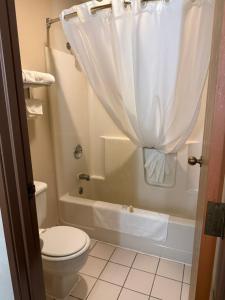 a bathroom with a toilet and a shower with a curtain at Dodgeville inn & suites in Dodgeville +36 photos