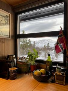 a kitchen counter with a window and a bowl of fruit at Original Trybo Cabin At Trysil Mountain in Trysil +26 photos