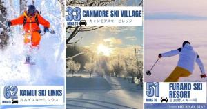 a collage of three pictures of a skier in the snow at Biei Relax Stay B in Biei