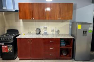 a kitchen with a counter with a blender and a refrigerator at Oasis House 1 in Cabuya