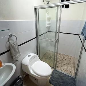 a bathroom with a shower and a toilet and a sink at Oasis House 1 in Cabuya