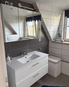 a bathroom with a sink and a mirror at Golfhues-Simone-Ferienwohnung-Suedbalkon in Wulfen auf Fehmarn +14 photos