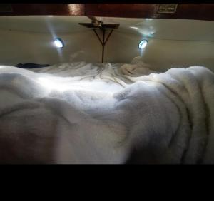 a white blanket on a bed with lights on it at Eco Yacht Charters in Almere +1 photo