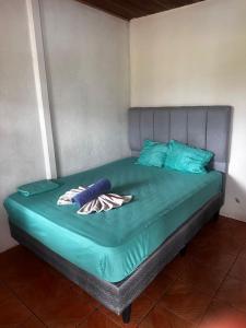 a bed with green sheets and blue pillows at GuestHouse Detours CR in Fortuna