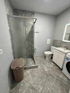 a bathroom with a shower and a toilet and a sink at ЖК Парус, 10-1 in Chornomorsk +50 photos