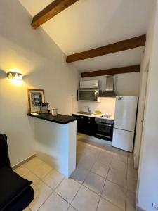 a kitchen with a white refrigerator and a counter at Charming studio in a residence in Provence in Graveson