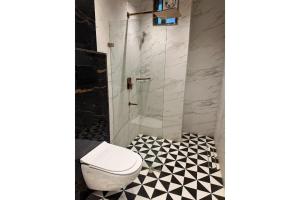 a bathroom with a white toilet and a shower at The Shivanta Inn in Ābu Road +17 photos