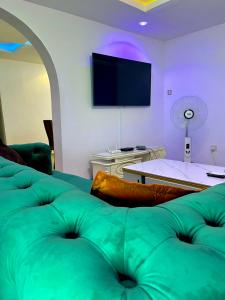 a living room with a green couch and a tv at The John Apartment in Murtala Muhammed International Airport