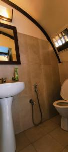 a bathroom with a sink and a toilet and a mirror at Traditional Houseboat in Alleppey +31 photos